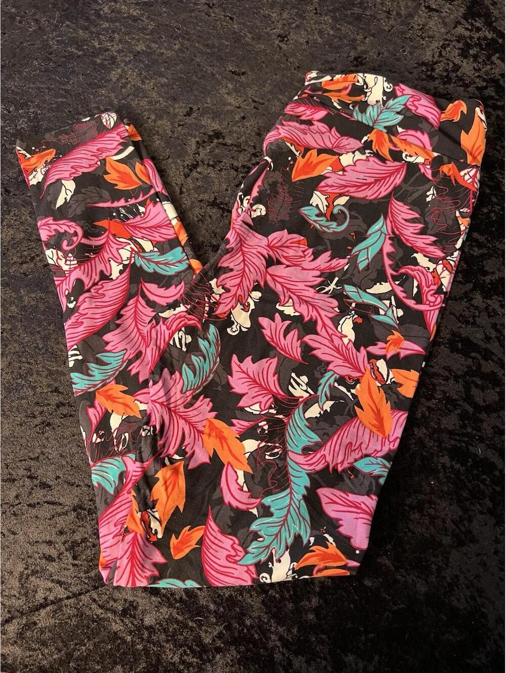 LuLaRoe Leggings Tall & Curvy TC Floral Leaves Pink Teal Orange High Rise NWOT